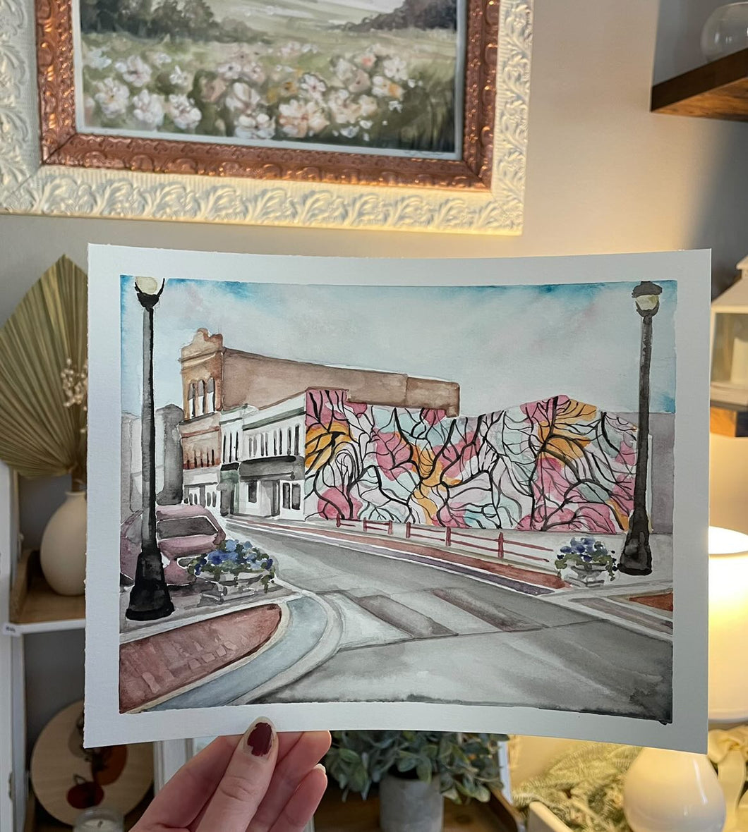 Downtown Muncie Mural - Watercolor Print by Emily Winslow