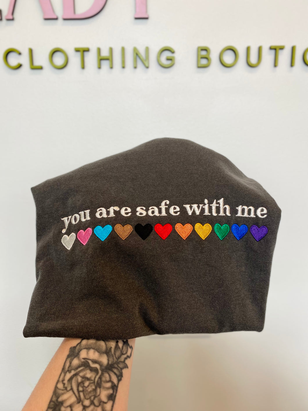 You Are Safe With Me Embroidered Tee, Crewneck & Hat