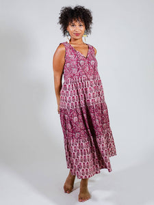 Thais Tiered Sleeveless Dress Magenta Vine Floral