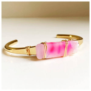 Pink Agate Cuff - Crystal Bangle Bracelet